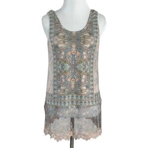 Origami Art Deco Bohemian Floral Sheer Mesh Ruffle Lace Hem Sleeveless Top Small